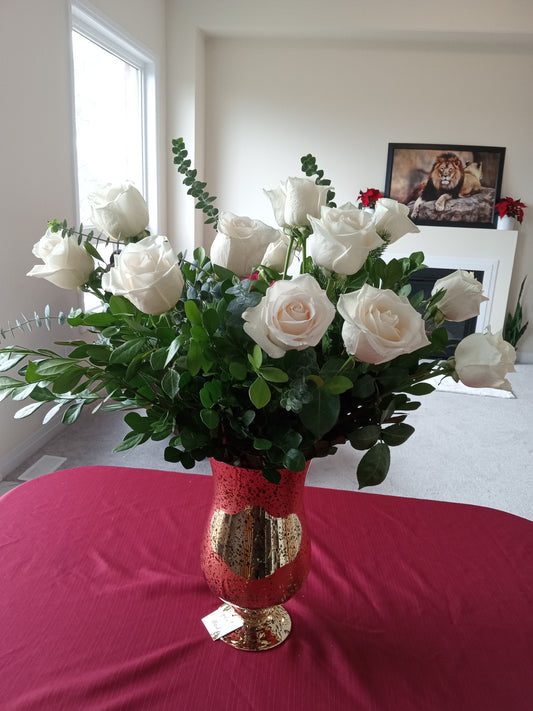 Rose Floral Arrangements in Gold Pedastle Vase