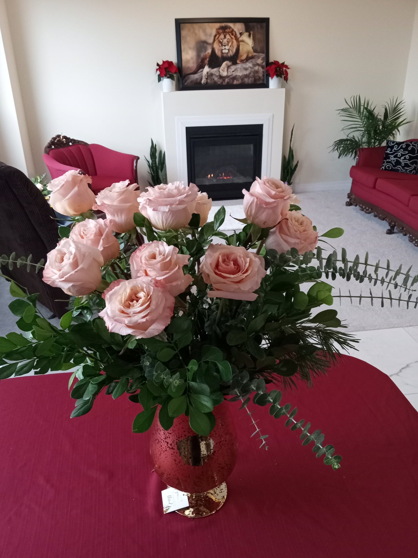 Rose Floral Arrangements in Gold Pedastle Vase